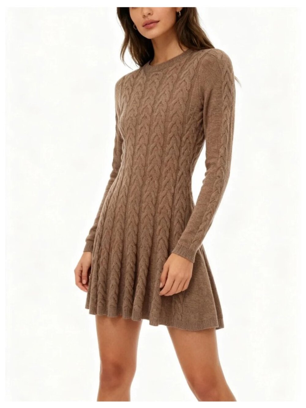 AQUA Cable Knit Long Sleeve Fit & Flare Sweater Dress Cedar M NWT
